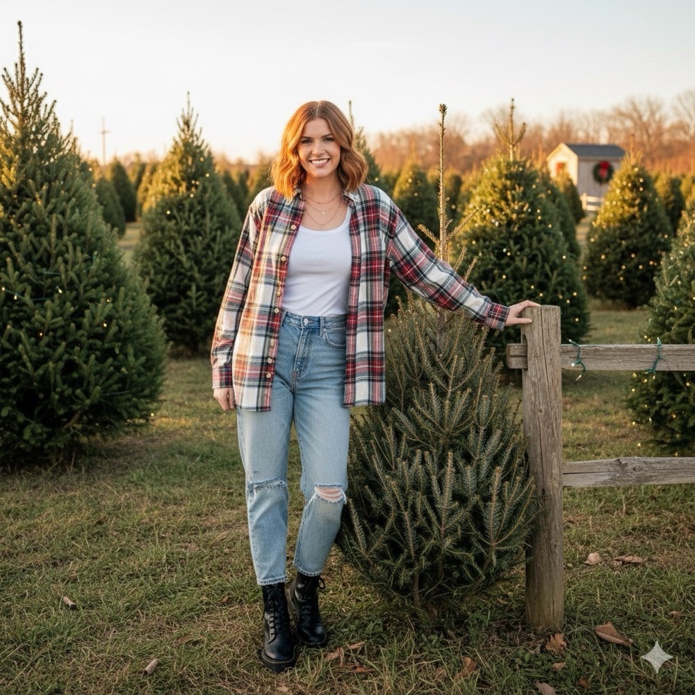 RedHead Co Holiday Flannel Red/Green/white tartan , boyfriend M /Christmas